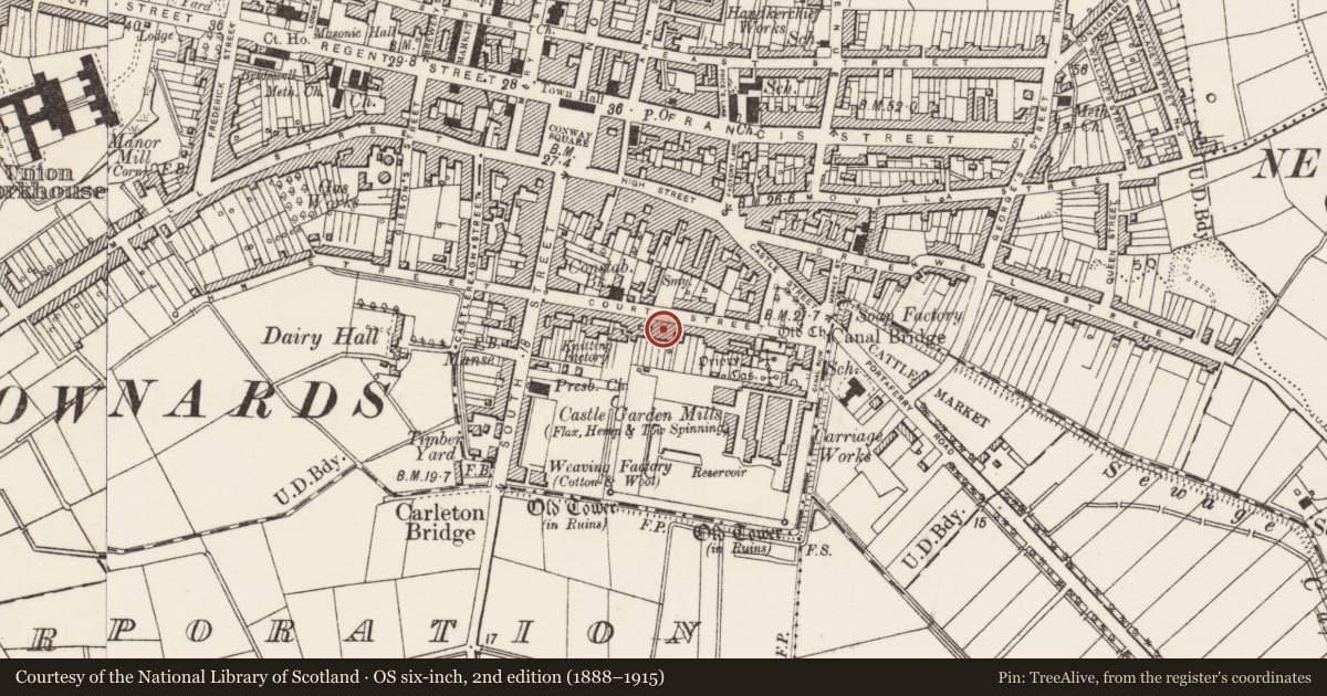Ordnance Survey six-inch map, 2nd edition (1888–1915) covering the location of 43 Court St. Newtownards Co. Down, Ards and North Down, with a pin at the register's coordinates
