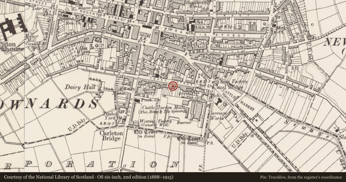 Ordnance Survey six-inch map, 2nd edition (1888–1915) covering the location of 47 Court St. Newtownards Co. Down, Ards and North Down, with a pin at the register's coordinates
