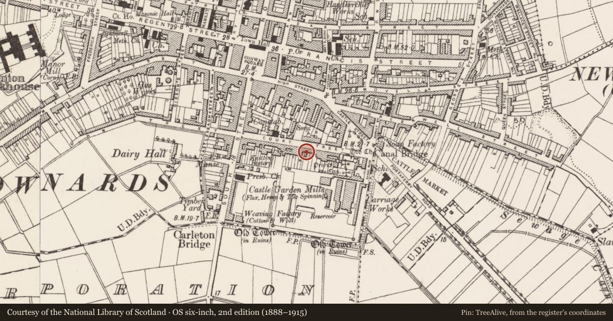 Ordnance Survey six-inch map, 2nd edition (1888–1915) covering the location of 49 Court St. Newtownards Co. Down, Ards and North Down, with a pin at the register's coordinates