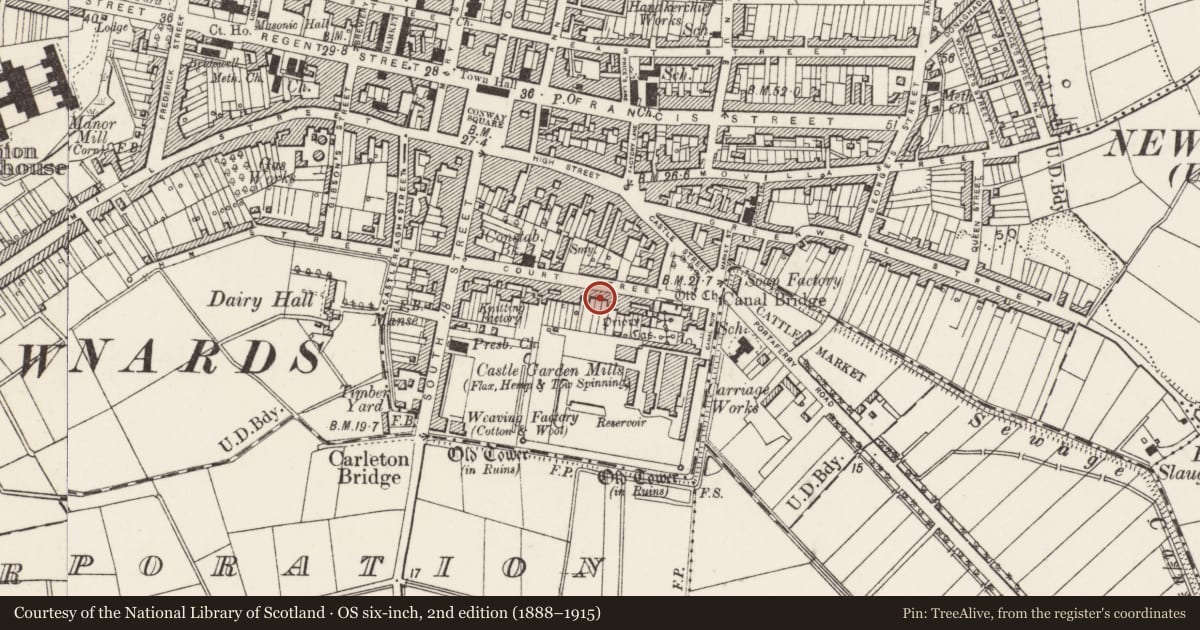 Ordnance Survey six-inch map, 2nd edition (1888–1915) covering the location of 55 Court St. Newtownards Co. Down, Ards and North Down, with a pin at the register's coordinates
