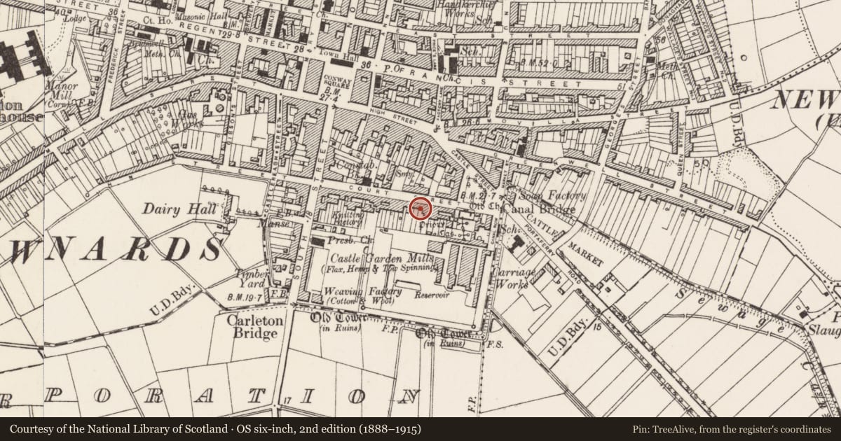 Ordnance Survey six-inch map, 2nd edition (1888–1915) covering the location of 57A Court St. Newtownards Co. Down, Ards and North Down, with a pin at the register's coordinates