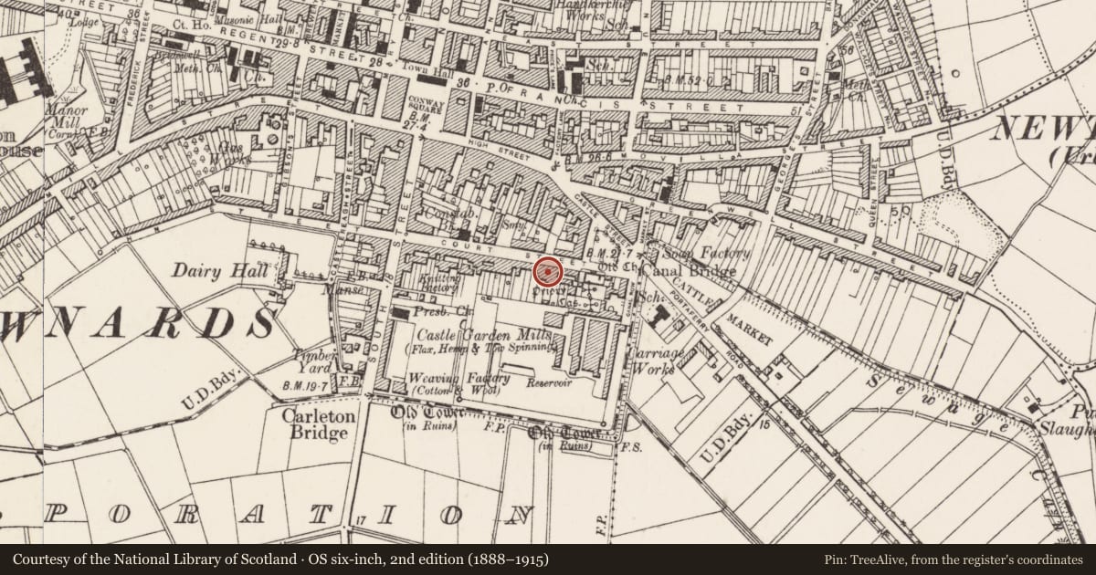 Ordnance Survey six-inch map, 2nd edition (1888–1915) covering the location of 63-65 Court Street, Ards and North Down, with a pin at the register's coordinates