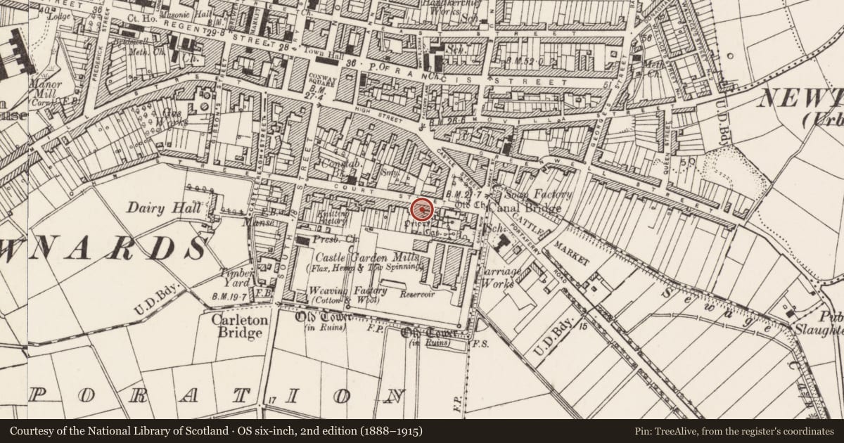 Ordnance Survey six-inch map, 2nd edition (1888–1915) covering the location of 67 Court Street, Corporation North, Ards and North Down, with a pin at the register's coordinates