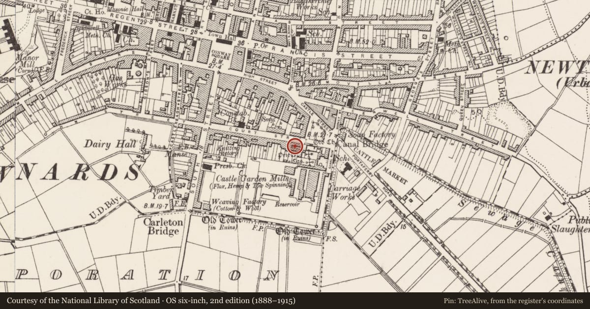 Ordnance Survey six-inch map, 2nd edition (1888–1915) covering the location of 69 Court St. Newtownards Co. Down, Ards and North Down, with a pin at the register's coordinates