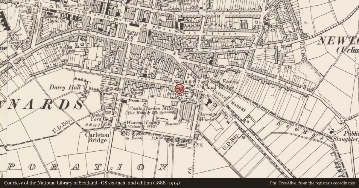 Ordnance Survey six-inch map, 2nd edition (1888–1915) covering the location of 71 Court St. Newtownards Co. Down, Ards and North Down, with a pin at the register's coordinates
