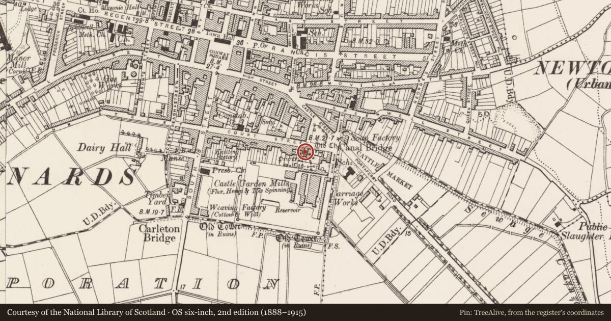 Ordnance Survey six-inch map, 2nd edition (1888–1915) covering the location of 75-77 Court St. Newtownards Co.down, Ards and North Down, with a pin at the register's coordinates