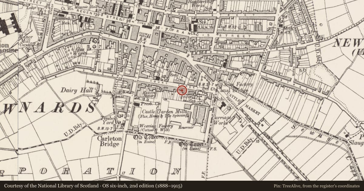 Ordnance Survey six-inch map, 2nd edition (1888–1915) covering the location of 59-61 Court Street, Newtownards, Ards and North Down, with a pin at the register's coordinates