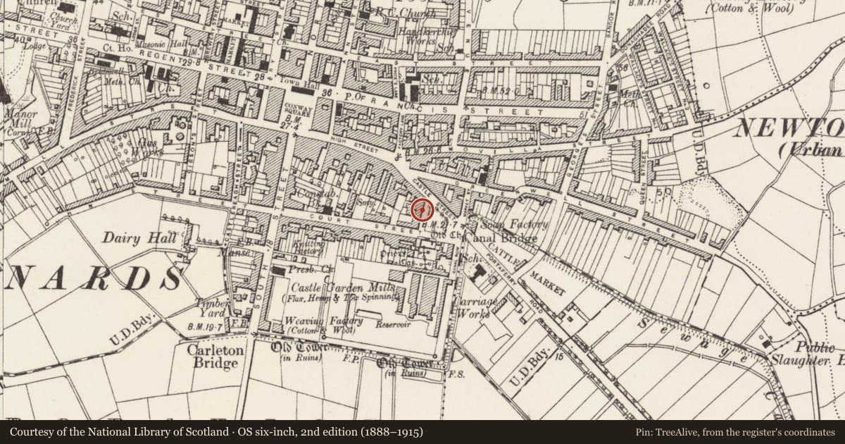 Ordnance Survey six-inch map, 2nd edition (1888–1915) covering the location of 2-3 Court Square, Newtownards, Ards and North Down, with a pin at the register's coordinates