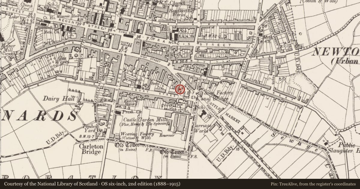 Ordnance Survey six-inch map, 2nd edition (1888–1915) covering the location of 4 Court Square Newtownards Co. Down, Ards and North Down, with a pin at the register's coordinates