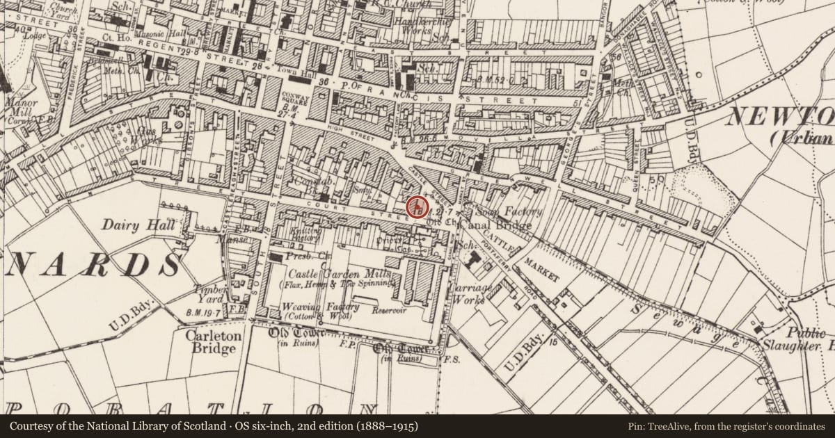 Ordnance Survey six-inch map, 2nd edition (1888–1915) covering the location of 5 Court Square Newtownards Co. Down, Ards and North Down, with a pin at the register's coordinates