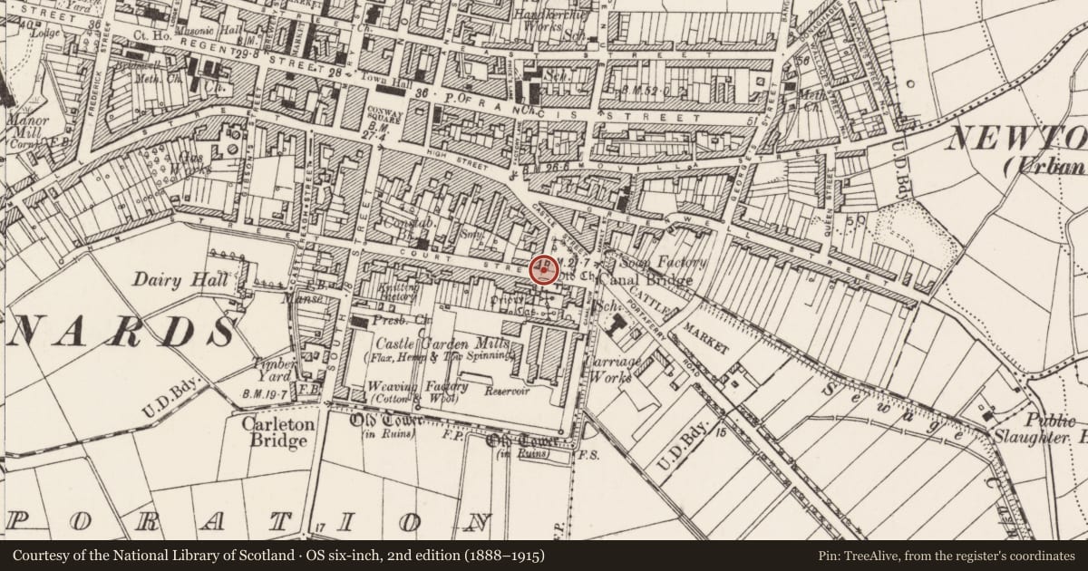 Ordnance Survey six-inch map, 2nd edition (1888–1915) covering the location of 6-9 Court Square, Newtownards, Ards and North Down, with a pin at the register's coordinates