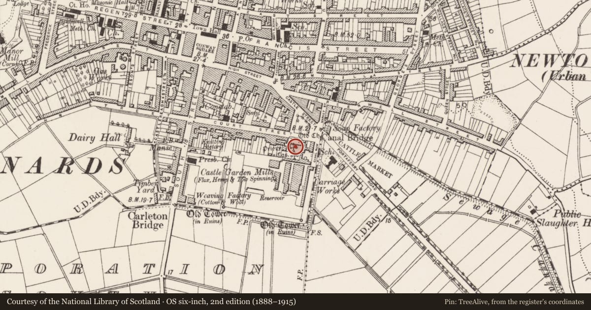 Ordnance Survey six-inch map, 2nd edition (1888–1915) covering the location of Newtownards Priory, Ards and North Down, with a pin at the register's coordinates