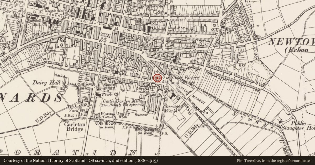 Ordnance Survey six-inch map, 2nd edition (1888–1915) covering the location of War memorial, Newtownards, Ards and North Down, with a pin at the register's coordinates