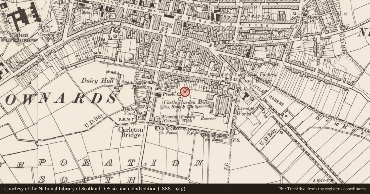 Ordnance Survey six-inch map, 2nd edition (1888–1915) covering the location of Old doorway in NW boundary wall of priory bawn (to rear of 37 Court Street), Newtownards, Ards and North Down, with a pin at the register's coordinates