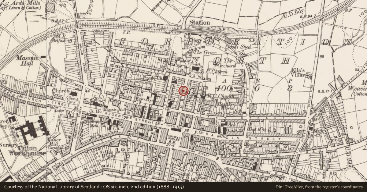 Ordnance Survey six-inch map, 2nd edition (1888–1915) covering the location of 50 North St. Newtownards Co.down, Ards and North Down, with a pin at the register's coordinates