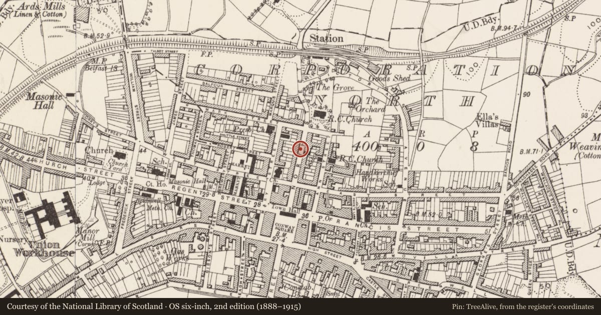 Ordnance Survey six-inch map, 2nd edition (1888–1915) covering the location of 52 North St. Newtownards Co.down, Ards and North Down, with a pin at the register's coordinates