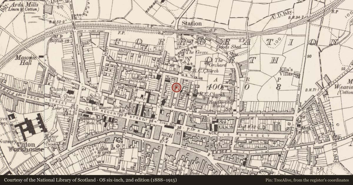 Ordnance Survey six-inch map, 2nd edition (1888–1915) covering the location of 54 North St. Newtownards Co.down, Ards and North Down, with a pin at the register's coordinates