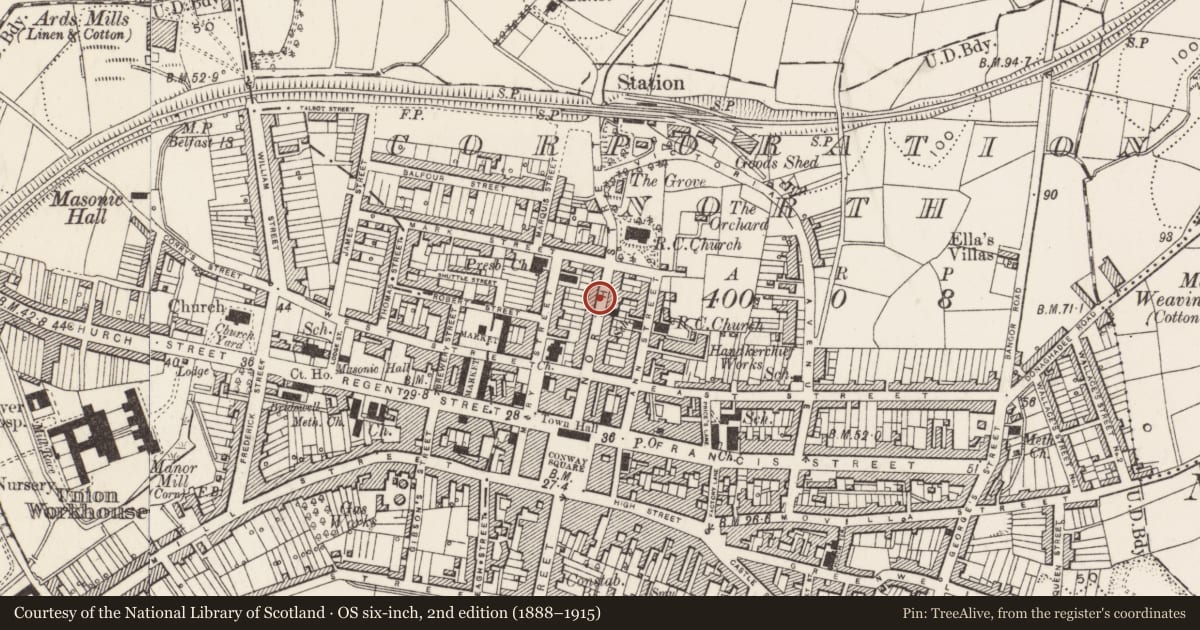 Ordnance Survey six-inch map, 2nd edition (1888–1915) covering the location of 56 North St. Newtownards Co.down, Ards and North Down, with a pin at the register's coordinates