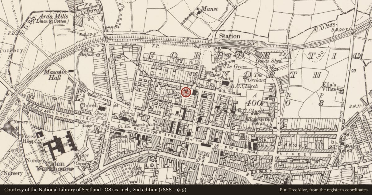 Ordnance Survey six-inch map, 2nd edition (1888–1915) covering the location of Former Presbyterian Manse, Newtownards, Ards and North Down, with a pin at the register's coordinates