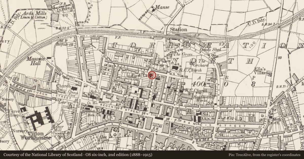 Ordnance Survey six-inch map, 2nd edition (1888–1915) covering the location of Second Presbyterian Church And Railings Mary St. Newtownards Co. Down, Ards and North Down, with a pin at the register's coordinates