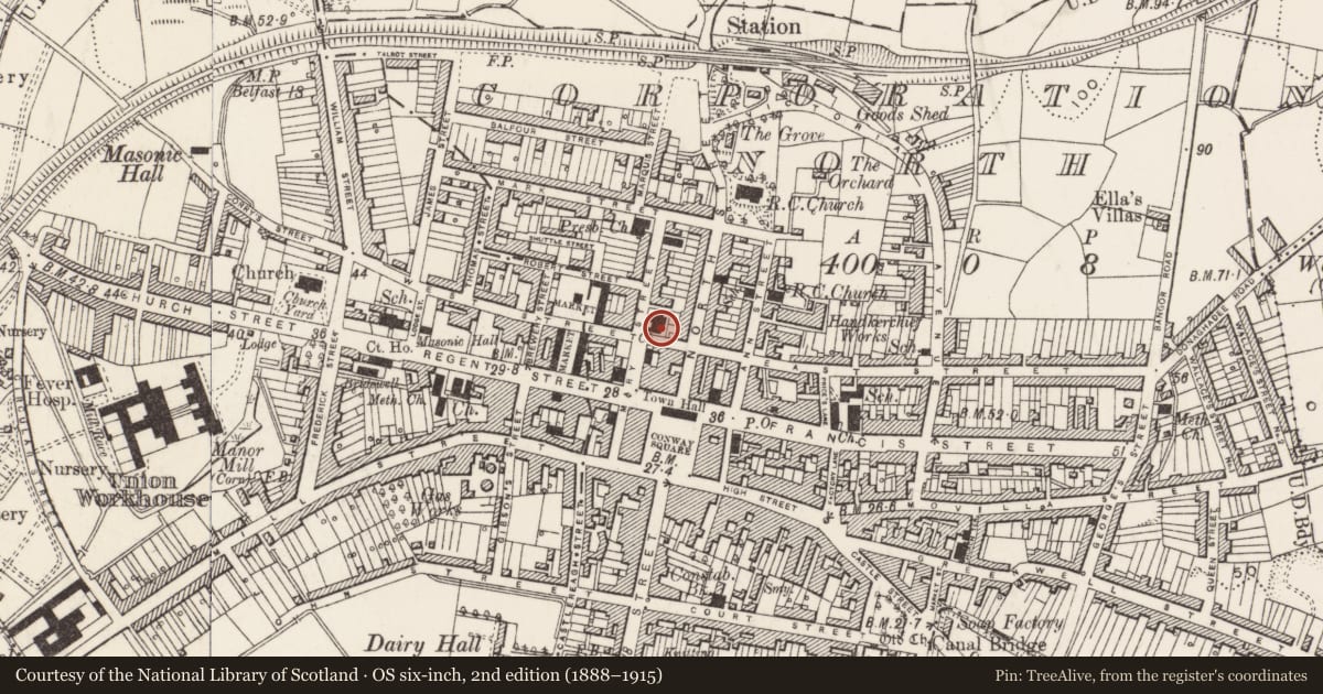 Ordnance Survey six-inch map, 2nd edition (1888–1915) covering the location of Strean Presbyterian Church East St. Newtownards Co.down, Ards and North Down, with a pin at the register's coordinates