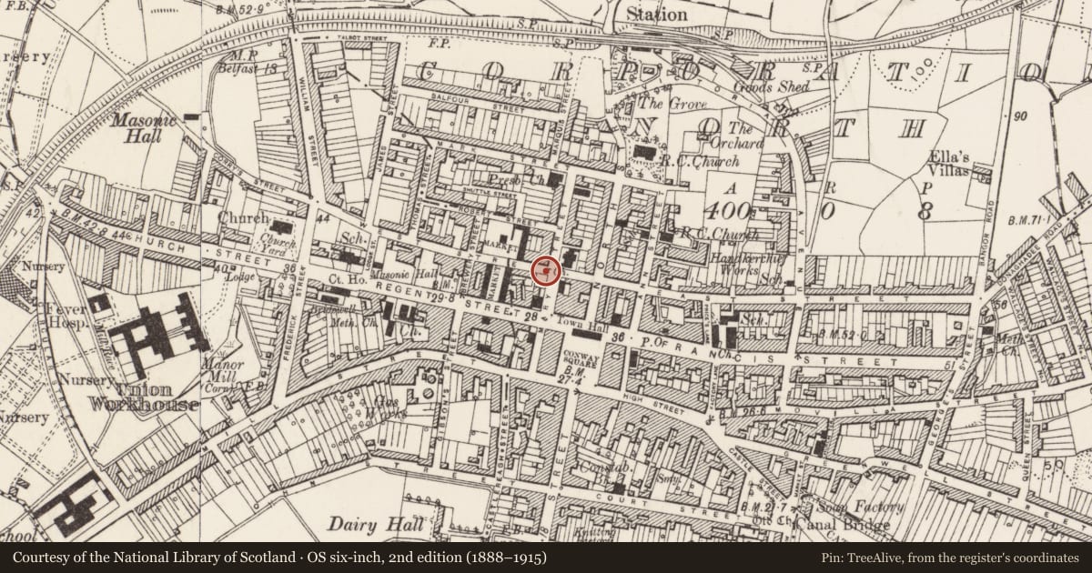 Ordnance Survey six-inch map, 2nd edition (1888–1915) covering the location of 1-3 West Street & 2 Mary Street, Newtownards, Ards and North Down, with a pin at the register's coordinates