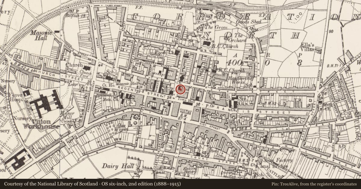 Ordnance Survey six-inch map, 2nd edition (1888–1915) covering the location of Strean Church Hall East St. Newtownards Co. Down, Ards and North Down, with a pin at the register's coordinates