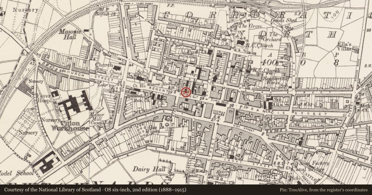 Ordnance Survey six-inch map, 2nd edition (1888–1915) covering the location of 13 Regent St. Newtownards Co. Down, Ards and North Down, with a pin at the register's coordinates