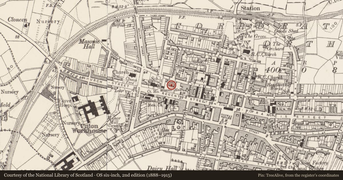 Ordnance Survey six-inch map, 2nd edition (1888–1915) covering the location of Regent House, Ards and North Down, with a pin at the register's coordinates