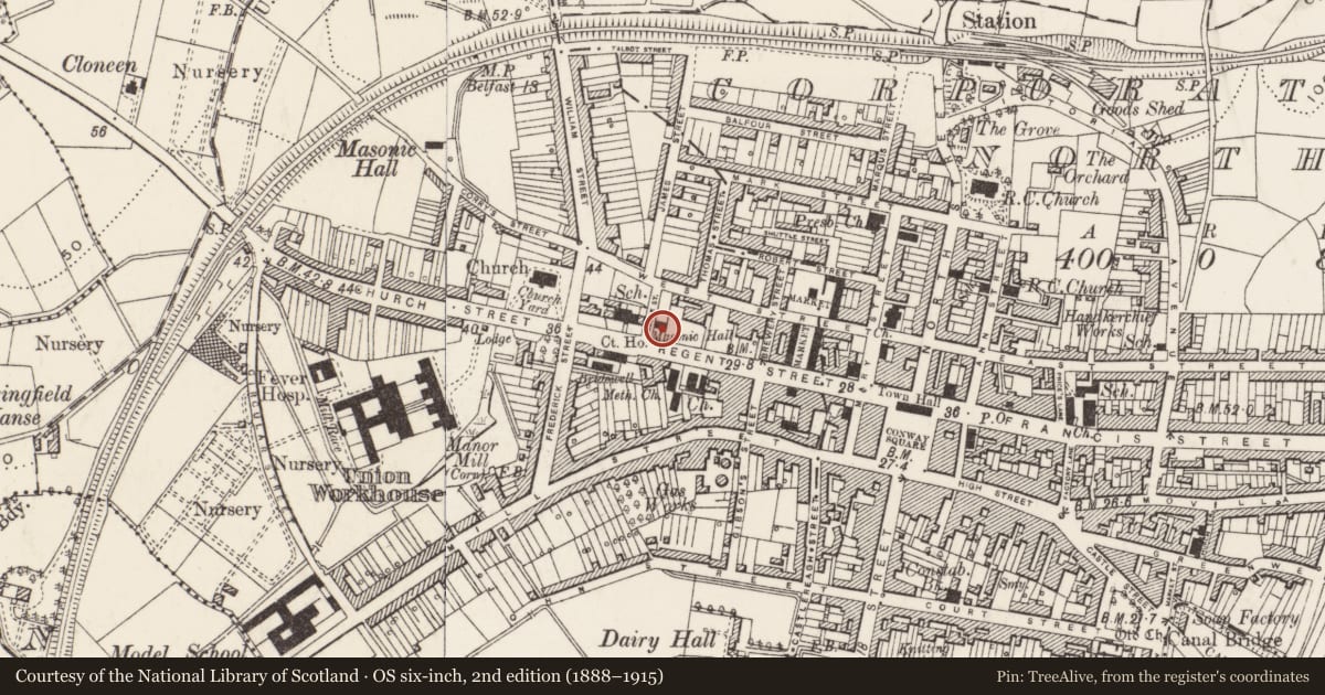 Ordnance Survey six-inch map, 2nd edition (1888–1915) covering the location of Masonic Hall, Ards and North Down, with a pin at the register's coordinates