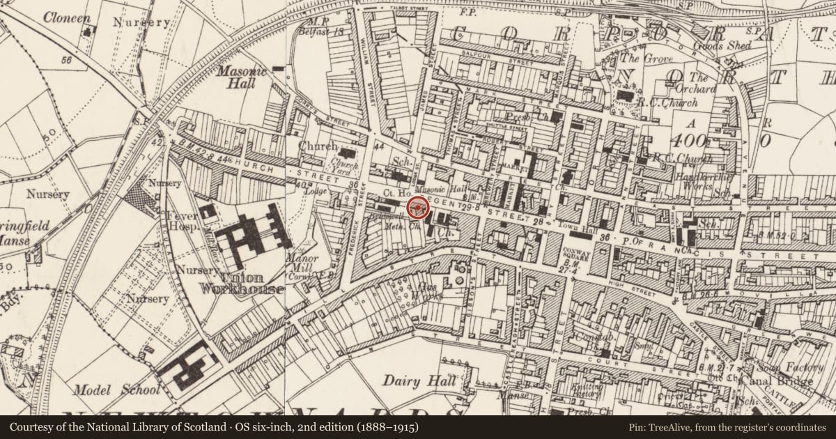 Ordnance Survey six-inch map, 2nd edition (1888–1915) covering the location of 50-56 Regent Street, Newtownards, Ards and North Down, with a pin at the register's coordinates