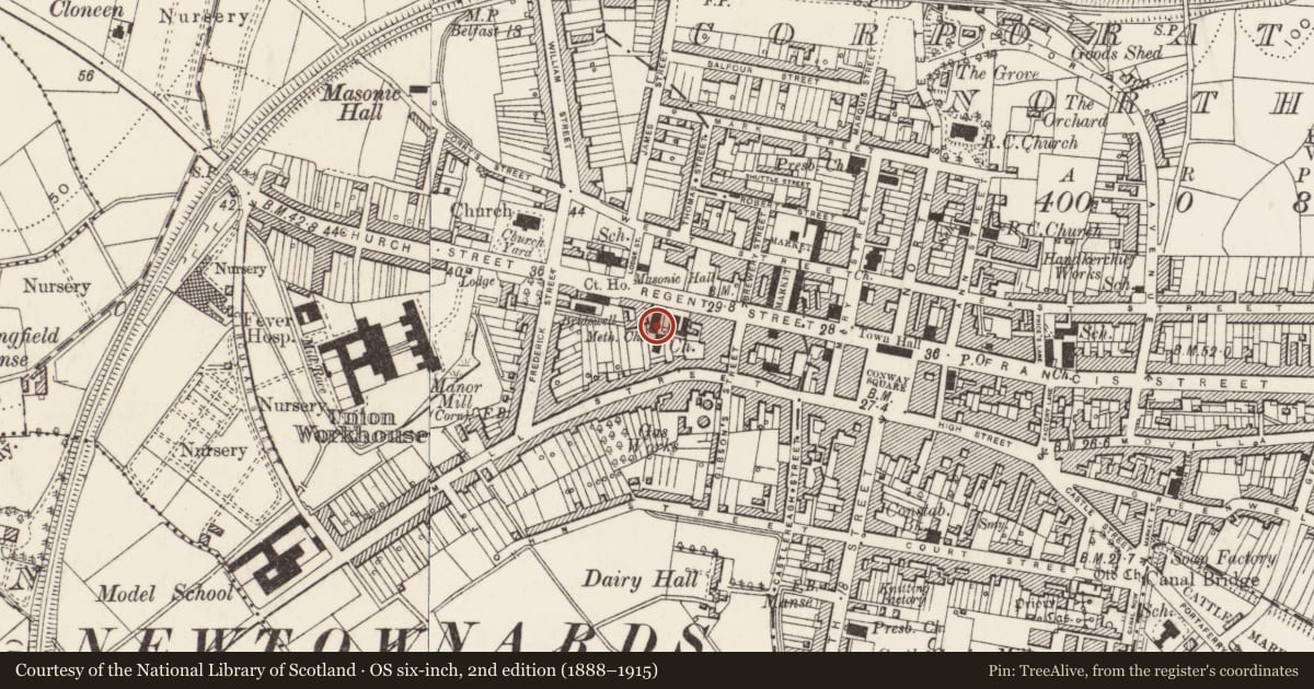 Ordnance Survey six-inch map, 2nd edition (1888–1915) covering the location of Methodist Church Regent St. Newtownards, Ards and North Down, with a pin at the register's coordinates