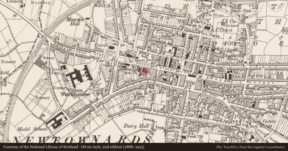 Ordnance Survey six-inch map, 2nd edition (1888–1915) covering the location of Presbyterian Church Regent St. Newtownards Co.down, Ards and North Down, with a pin at the register's coordinates