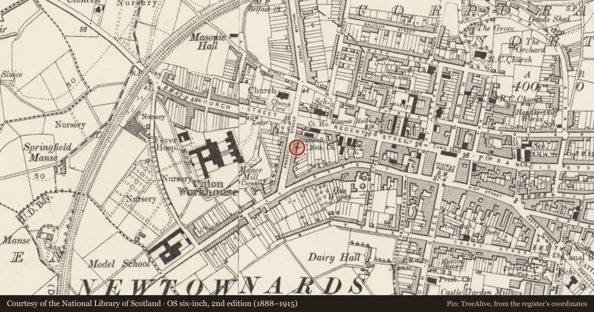 Ordnance Survey six-inch map, 2nd edition (1888–1915) covering the location of 2-4 Frederick Street, Newtownards, Ards and North Down, with a pin at the register's coordinates