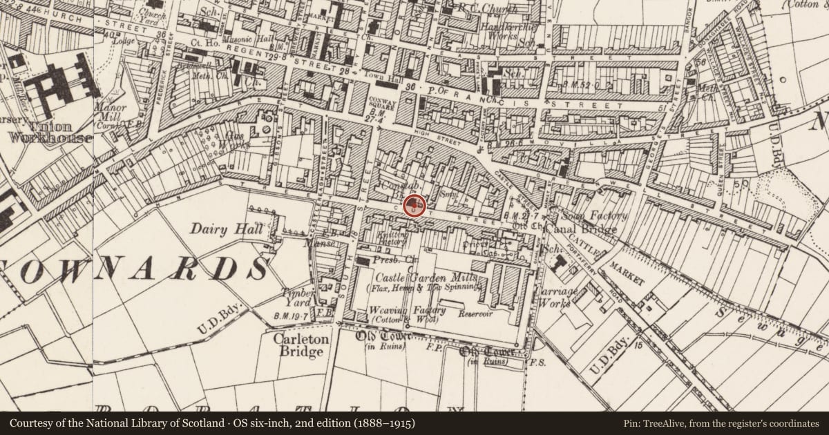 Ordnance Survey six-inch map, 2nd edition (1888–1915) covering the location of 22-24 Court Street, Ards and North Down, with a pin at the register's coordinates