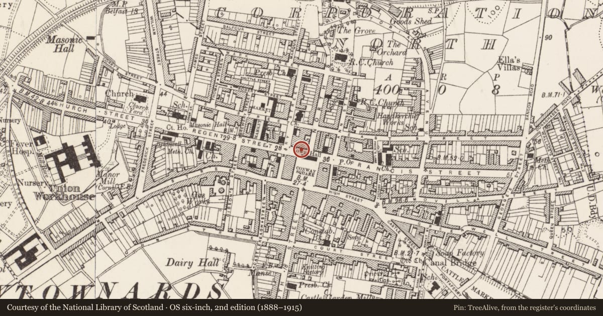 Ordnance Survey six-inch map, 2nd edition (1888–1915) covering the location of The Post Office (Original Building) 8 Francis St. Newtownards Co. Down, Ards and North Down, with a pin at the register's coordinates