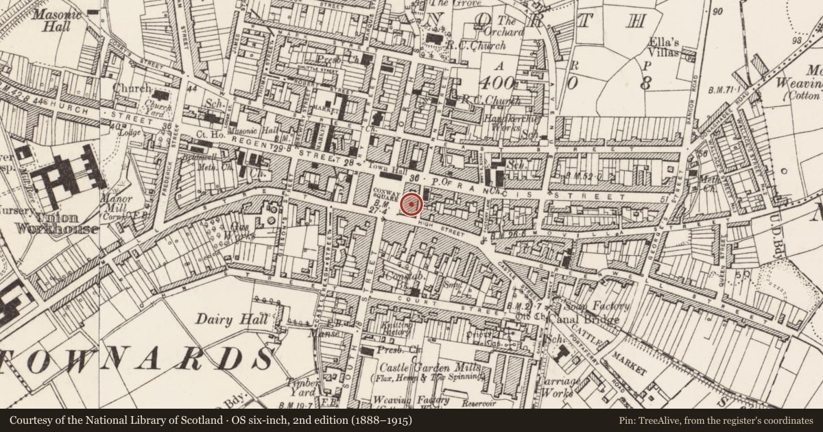 Ordnance Survey six-inch map, 2nd edition (1888–1915) covering the location of Bank Of Ireland 12 Conway Square Newtownards Co.down, Ards and North Down, with a pin at the register's coordinates