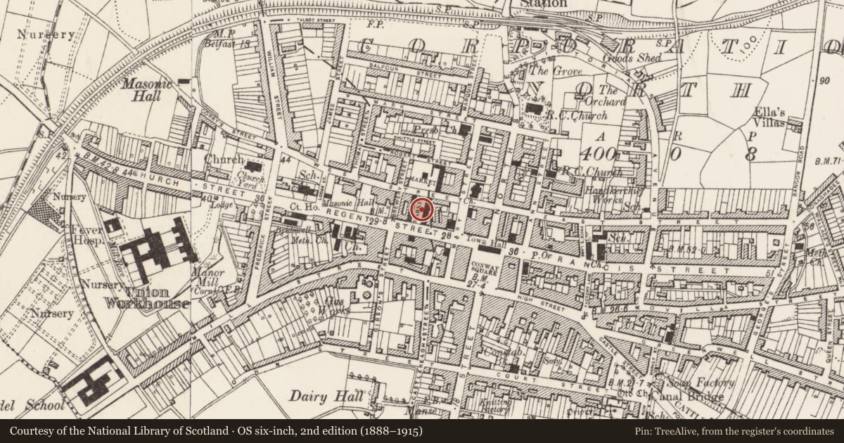 Ordnance Survey six-inch map, 2nd edition (1888–1915) covering the location of Queen’s Hall, Newtownards, Ards and North Down, with a pin at the register's coordinates