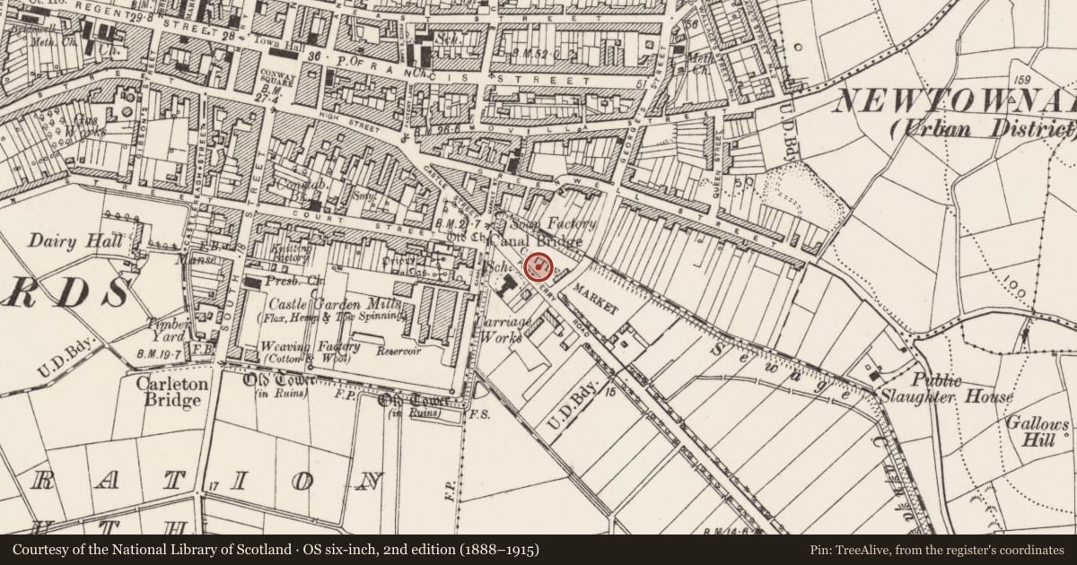 Ordnance Survey six-inch map, 2nd edition (1888–1915) covering the location of Fire Station, Newtownards, Ards and North Down, with a pin at the register's coordinates