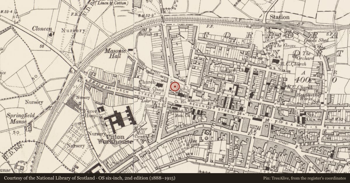 Ordnance Survey six-inch map, 2nd edition (1888–1915) covering the location of St. Mark’s Parochial Hall, Newtownards, Ards and North Down, with a pin at the register's coordinates