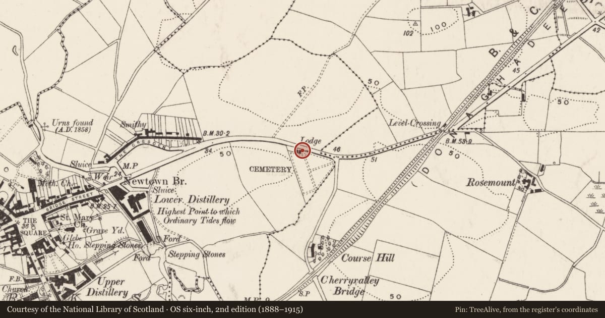 Ordnance Survey six-inch map, 2nd edition (1888–1915) covering the location of New cemetery lodge, Town Parks, Ards and North Down, with a pin at the register's coordinates