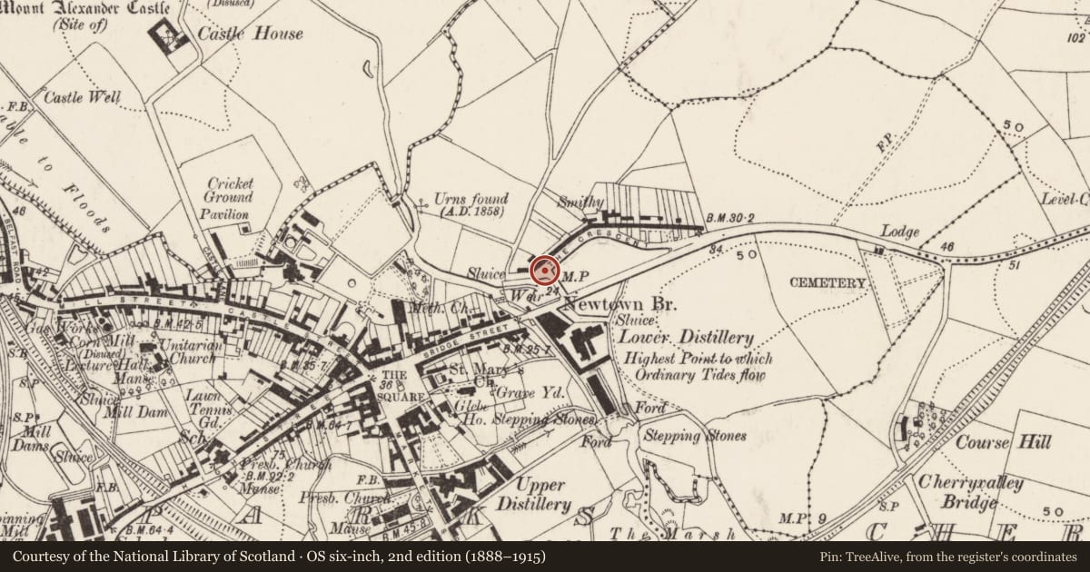 Ordnance Survey six-inch map, 2nd edition (1888–1915) covering the location of 2-8 Lower Crescent, Town Parks, Ards and North Down, with a pin at the register's coordinates