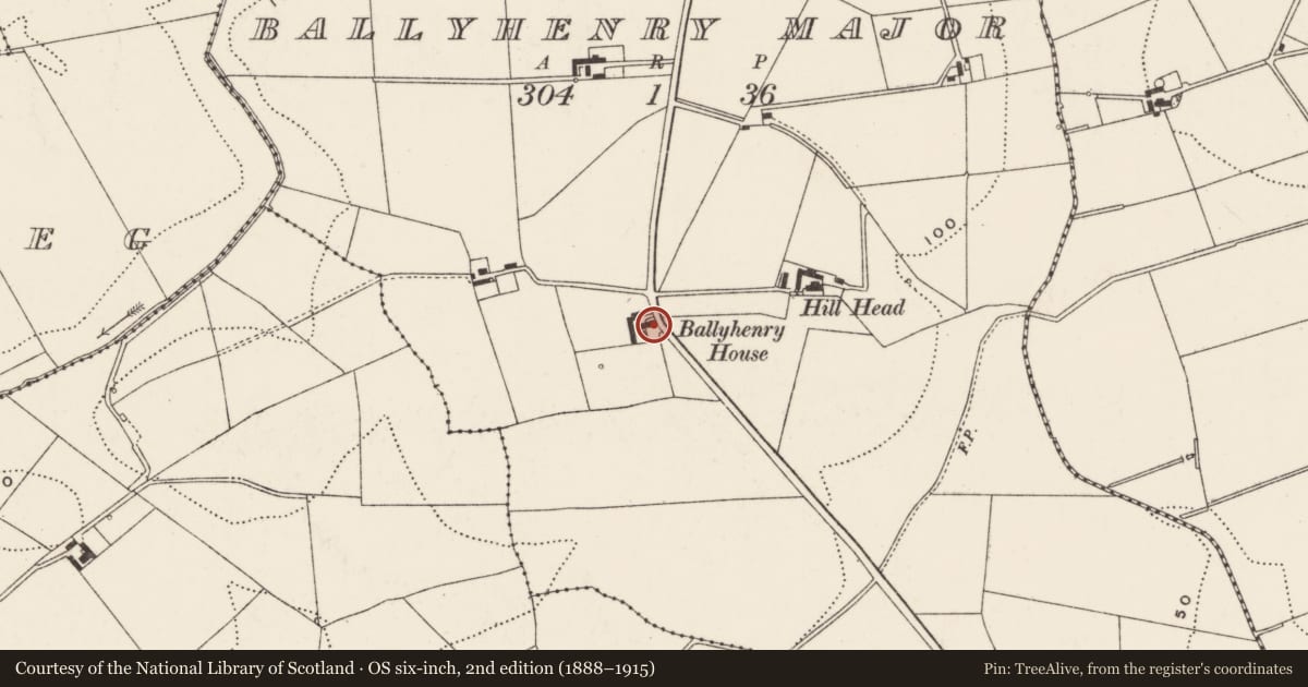 Ordnance Survey six-inch map, 2nd edition (1888–1915) covering the location of Ballyhenry House, Ballyhenry Major, Ards and North Down, with a pin at the register's coordinates