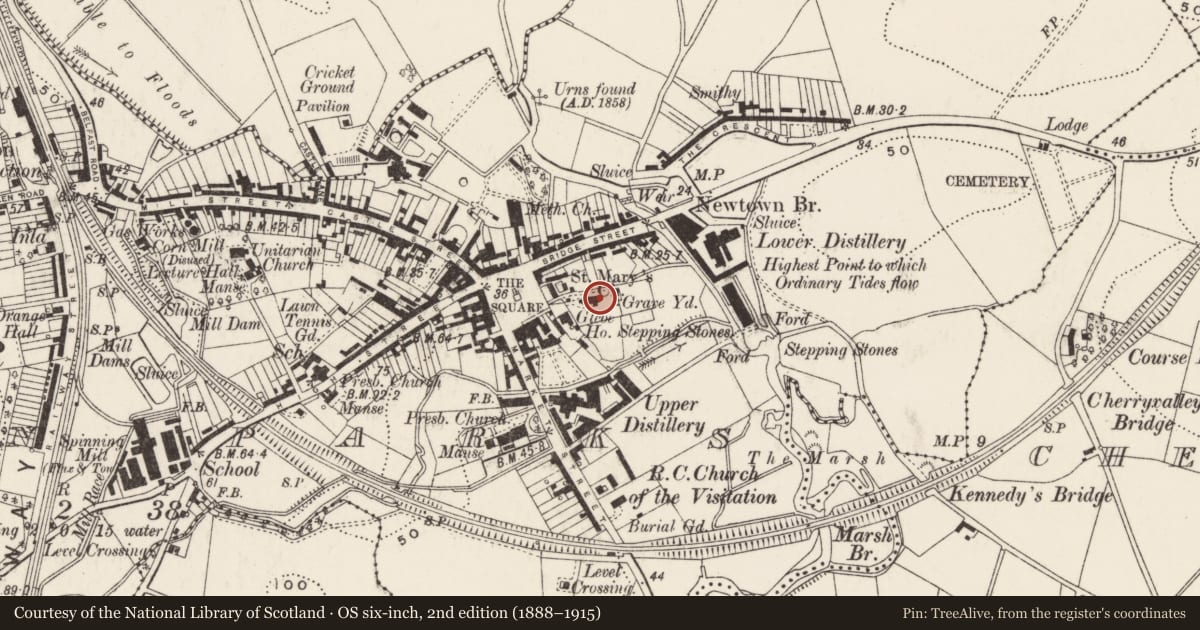 Ordnance Survey six-inch map, 2nd edition (1888–1915) covering the location of St. Mary's Parish Church, Town Parks, Ards and North Down, with a pin at the register's coordinates