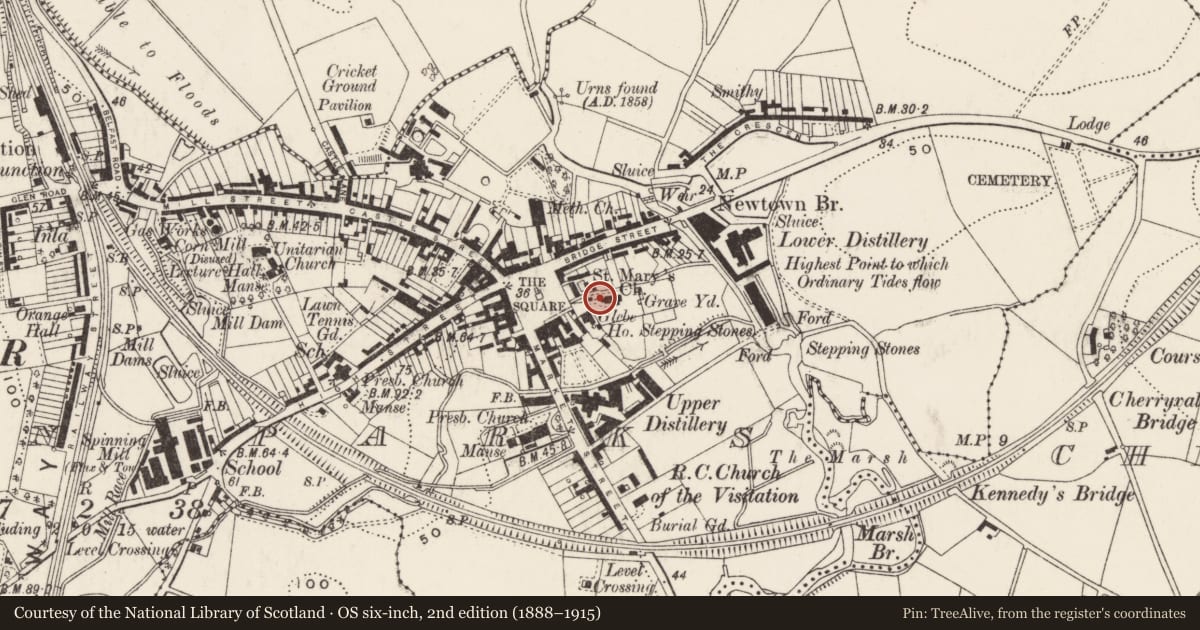 Ordnance Survey six-inch map, 2nd edition (1888–1915) covering the location of Andrews Family burial vault, Town Parks, Ards and North Down, with a pin at the register's coordinates