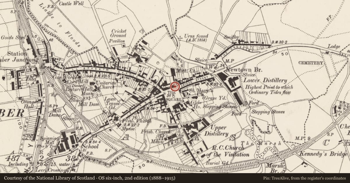Ordnance Survey six-inch map, 2nd edition (1888–1915) covering the location of 14 The Square, Town Parks, Ards and North Down, with a pin at the register's coordinates
