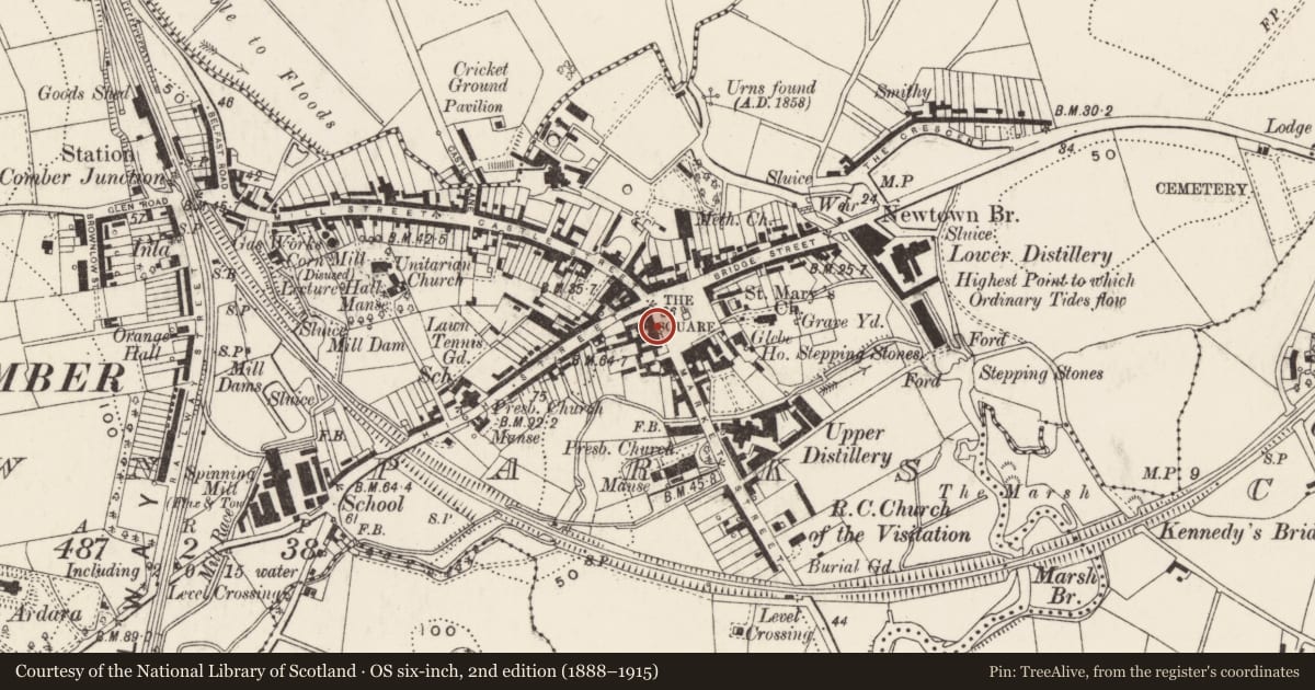 Ordnance Survey six-inch map, 2nd edition (1888–1915) covering the location of Site of former 5-7 The Square, Town Parks, Ards and North Down, with a pin at the register's coordinates
