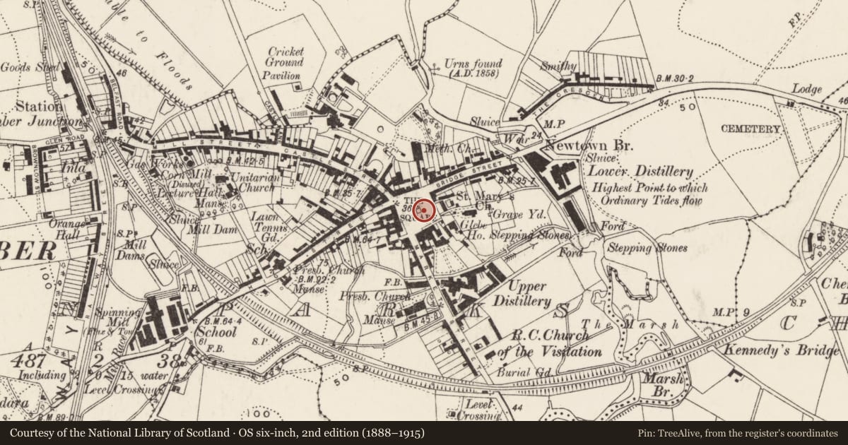 Ordnance Survey six-inch map, 2nd edition (1888–1915) covering the location of The Gillespie Monument, Town Parks, Ards and North Down, with a pin at the register's coordinates
