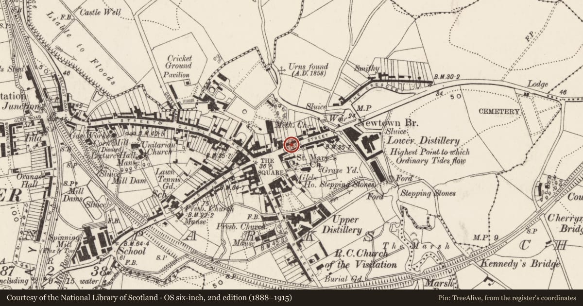 Ordnance Survey six-inch map, 2nd edition (1888–1915) covering the location of 10-12 Bridge Street, Town Parks, Ards and North Down, with a pin at the register's coordinates