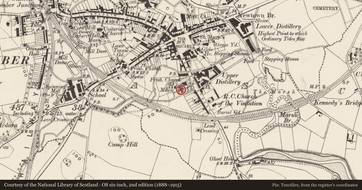 Ordnance Survey six-inch map, 2nd edition (1888–1915) covering the location of Church hall, Town Parks, Ards and North Down, with a pin at the register's coordinates